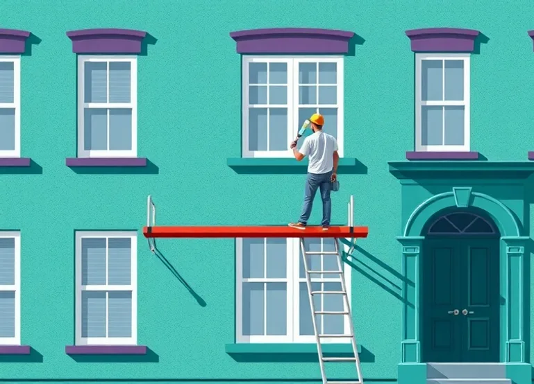 Peintre sur échafaudage traitant la façade d'une maison