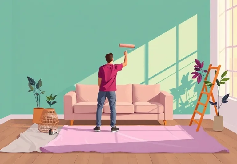 Peintre appliquant la peinture au rouleau sur un mur de salon